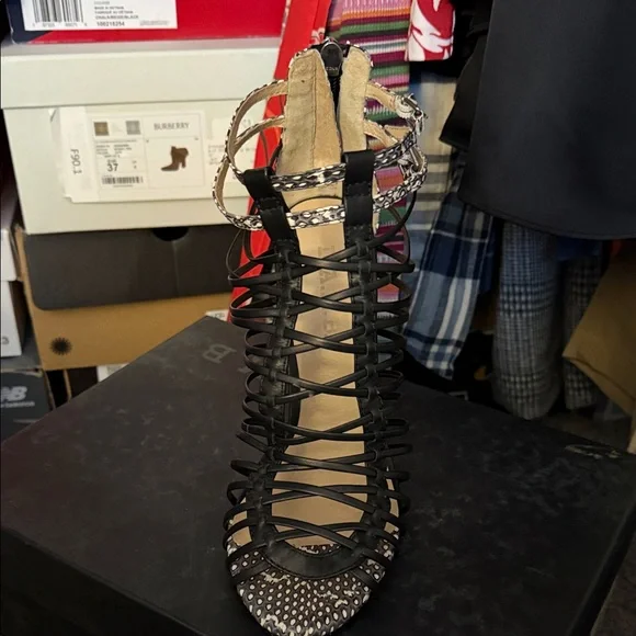 L.A.M.B. Black and Silver Strappy Heels - Picture 1 of 4